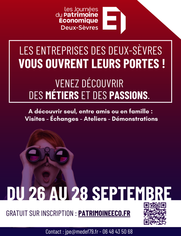 Affiche des Journées du Patrimoine Économique Deux-Sèvres — inscription gratuite sur patrimoineeco.fr, visites, ateliers et démonstrations - Agrandir l'image, fenêtre modale