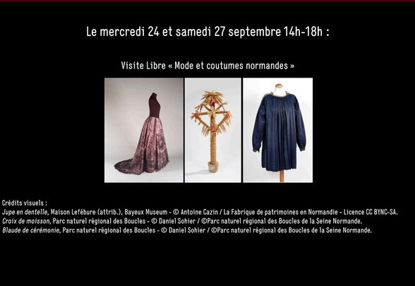Affiche de la visite libre présentant trois objets normands : jupe en dentelle, croix de moisson et blaude de cérémonie - Agrandir l'image, fenêtre modale