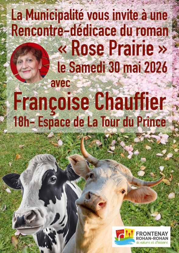 Affiche municipale de Frontenay Rohan-Rohan annonçant la dédicace à 18h, avec portrait de Françoise Chauffier et vaches en prairie. - Agrandir l'image, fenêtre modale