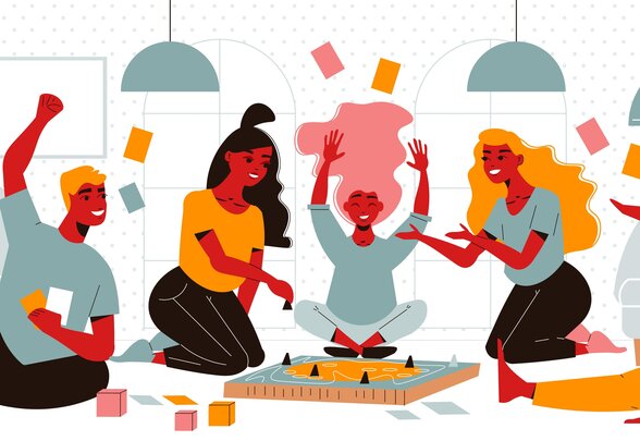 Groupe multigénérationnel réuni autour d'un plateau de jeu, dans une ambiance joyeuse et festive - Agrandir l'image, fenêtre modale