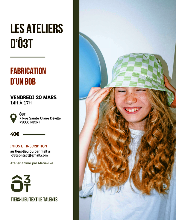 Enfant souriant arborant un bob à carreaux vert cousu, illustrant le résultat attendu de l'atelier - Agrandir l'image, fenêtre modale