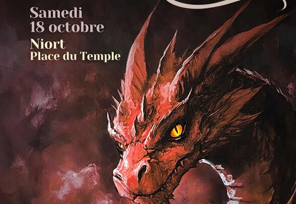 Affiche La Quête Fantastique : dragon rouge aux yeux d'or, jeu urbain samedi 18 octobre, place du Temple à Niort - Agrandir l'image, fenêtre modale
