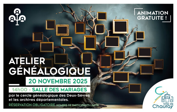 Affiche : arbre aux cadres dorés symbolisant la généalogie, le 20 novembre 2025 à 14h, salle des Mariages de Chauray - Agrandir l'image, fenêtre modale