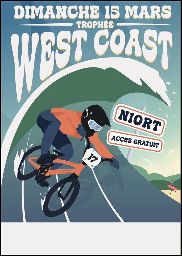 Affiche promotionnelle illustrée de l'étape BMX avec un pilote en pleine action – entrée annoncée gratuite pour le public - Agrandir l'image, fenêtre modale