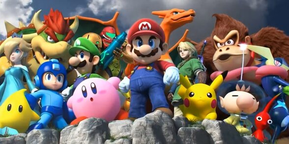 Personnages emblématiques Nintendo réunis : Mario, Pikachu, Kirby, Link, Donkey Kong, Mega Man et d'autres héros de jeux vidéo - Agrandir l'image, fenêtre modale
