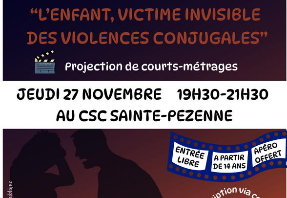 Affiche ciné-échange : silhouettes évoquant des violences conjugales, entrée libre, apéro offert, inscription par QR code - Agrandir l'image, fenêtre modale