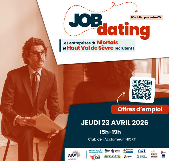 Affiche du Job Dating : jeudi 23 avril 2026, 15h-19h au Club de l'Acclameur à Niort – QR code vers les offres d'emploi - Agrandir l'image, fenêtre modale
