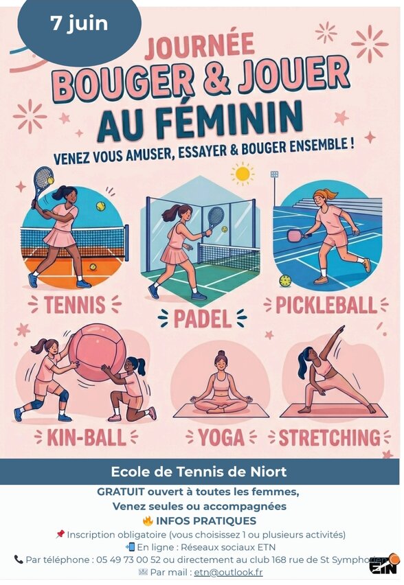 Affiche détaillant 6 disciplines proposées : tennis, padel, pickleball, kin-ball, yoga et stretching. Inscription obligatoire. - Agrandir l'image, fenêtre modale