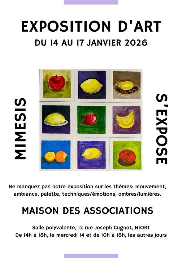 Affiche MIMESIS s'expose – du 14 au 17 janvier 2026, Maison des Associations, salle polyvalente, 12 rue Joseph Cugnot, Niort
