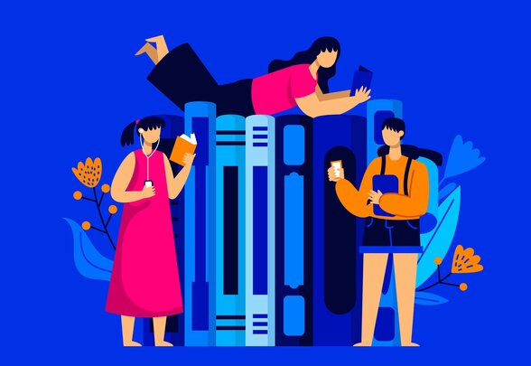 Adolescents lisant et consultant des smartphones au pied d'une pile de livres géants colorés - Agrandir l'image, fenêtre modale
