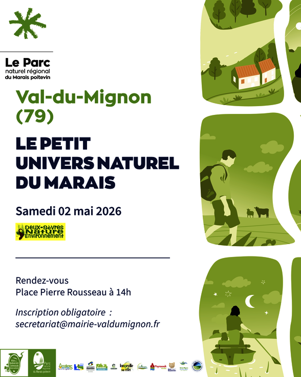 Affiche du Parc naturel régional du Marais poitevin : sortie nature le samedi 02 mai 2026, Place Pierre Rousseau à 14h, inscription obligatoire. - Agrandir l'image, fenêtre modale
