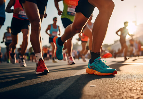 Groupe de coureurs en plein effort sur route, pris en contre-plongée, chaussures de running colorées au premier plan - Agrandir l'image, fenêtre modale
