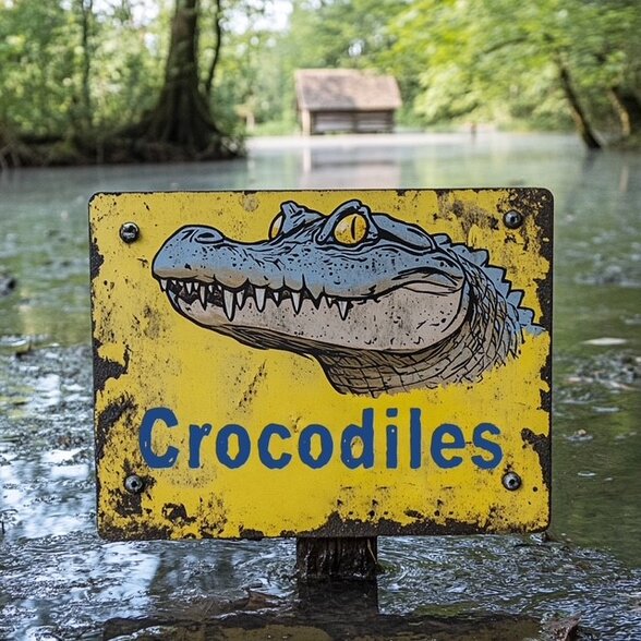 Panneau métallique jaune vieilli inscrit « Crocodiles », illustré d'une tête de reptile, planté dans les eaux du Marais poitevin - Agrandir l'image, fenêtre modale
