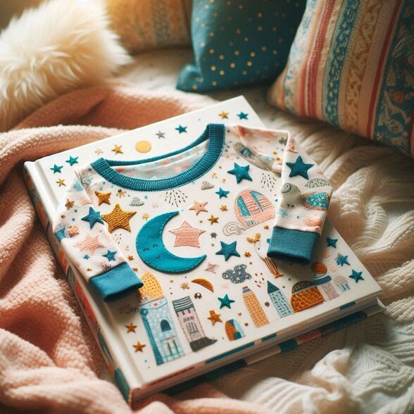 Haut de pyjama enfant orné d'étoiles et d'un croissant de lune, posé sur un livre au milieu de coussins et couvertures douces - Agrandir l'image, fenêtre modale