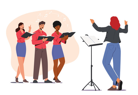 Singers Choir Event. Characters Singing in Chorus. Young Men and Women with Singing Books Perform Musical Composition - Agrandir l'image, fenêtre modale