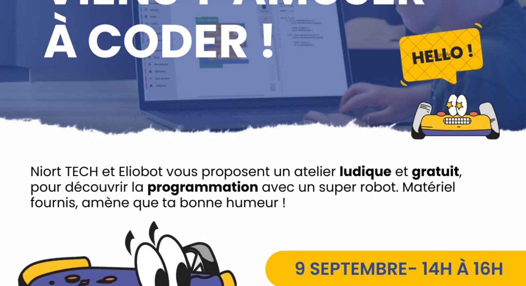 Affiche de l'atelier robotique Niort Tech et Eliobot – 9 septembre, 14h à 16h