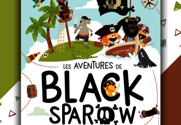 Affiche illustrée du spectacle avec personnages de pirates cartoons sur île tropicale, voilier et drapeau jolly roger - Agrandir l'image, fenêtre modale