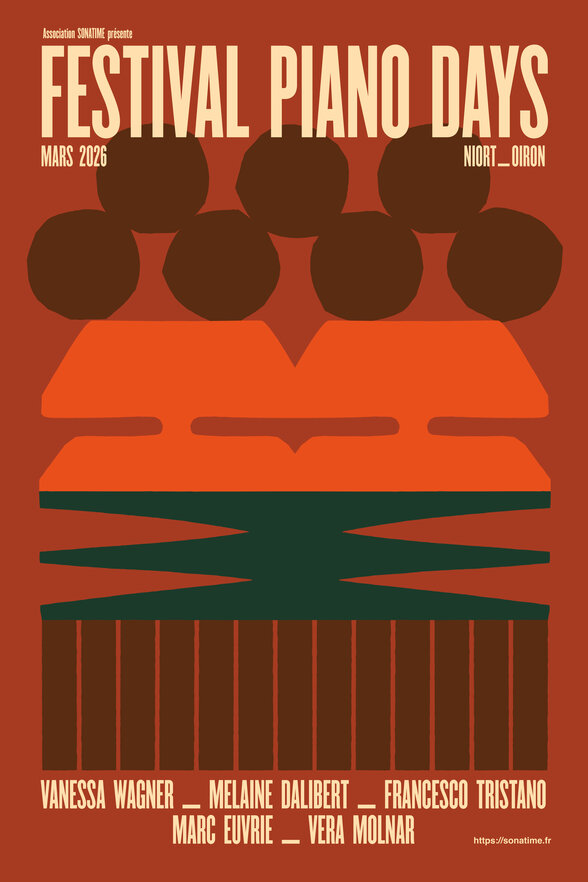 Affiche du festival Mars 2026 à Niort et Oiron, avec Vanessa Wagner, Melaine Dalibert et Vera Molnar, organisé par Sonatime - Agrandir l'image, fenêtre modale