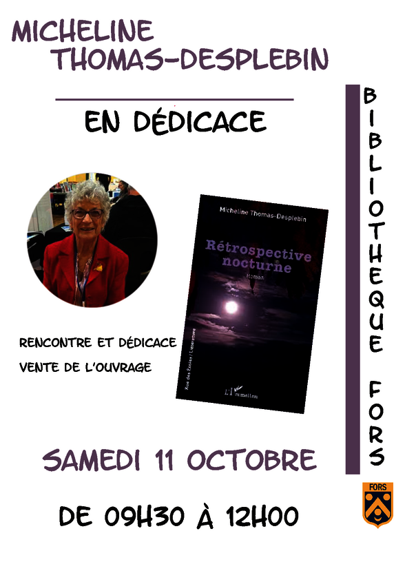 Affiche de l'événement : portrait de l'auteure avec la couverture de son roman, rencontre et dédicace de 9h30 à 12h00 - Agrandir l'image, fenêtre modale
