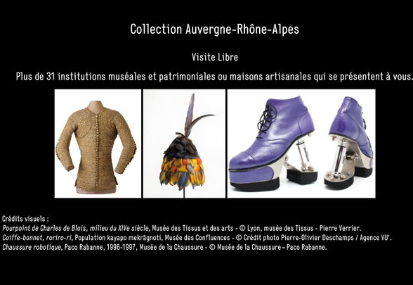 Affiche Collection Auvergne-Rhône-Alpes : pourpoint médiéval, coiffe à plumes et chaussure robotique Paco Rabanne exposés dans 31 institutions - Agrandir l'image, fenêtre modale