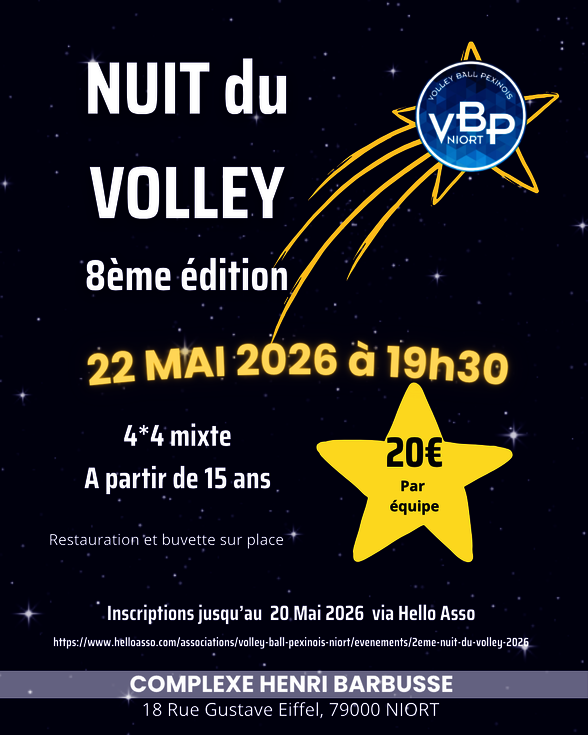 Affiche Volley Ball Peixinois Niort – 8e édition, inscriptions avant le 20 mai 2026 sur HelloAsso - Agrandir l'image, fenêtre modale