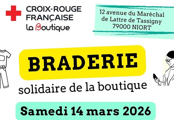 Affiche braderie solidaire Croix-Rouge Française, samedi 14 mars 2026 de 10h à 17h, 12 av. du Maréchal de Lattre de Tassigny, Niort - Agrandir l'image, fenêtre modale