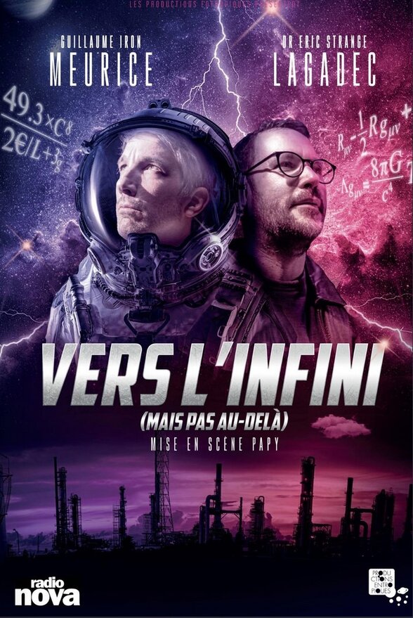 Affiche avec Guillaume Meurice en scaphandre d'astronaute et Éric Lagadec sur fond de ciel galactique violet - Agrandir l'image, fenêtre modale