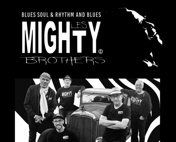 Les cinq membres du groupe posant autour d'une voiture vintage sur fond graphique noir et blanc, avec logo et mention Blues Soul & Rhythm and Blues - Agrandir l'image, fenêtre modale