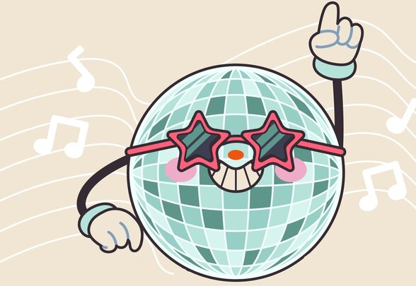 Boule à facettes cartoon souriante avec lunettes en étoiles, levant le doigt, entourée de notes de musique sur fond festif - Agrandir l'image, fenêtre modale