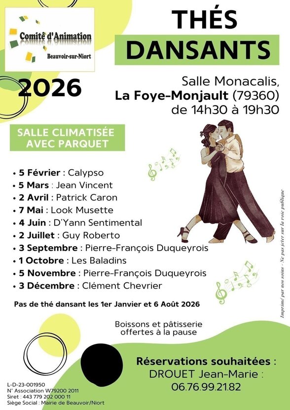 Affiche des Thés Dansants 2026 organisés par le Comité d'Animation de Beauvoir-sur-Niort