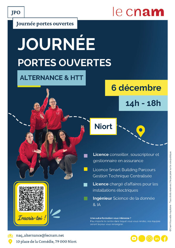 Affiche JPO Cnam Niort – 6 décembre de 14h à 18h, 10 place de la Comédie – QR code d'inscription disponible