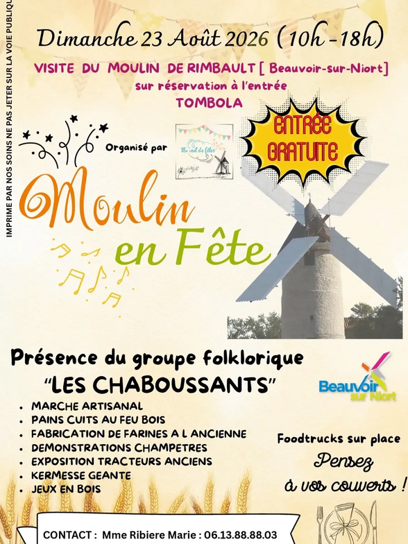 Affiche de la fête Moulin en Fête à Beauvoir-sur-Niort, dimanche 23 août 2026, entrée gratuite