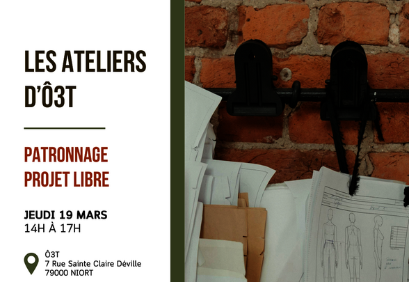 Affiche de l'atelier Ô3T : patrons de couture et croquis de silhouettes suspendus sur une tringle devant un mur en briques - Agrandir l'image, fenêtre modale