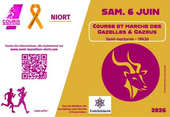 Affiche de la Course et Marche des Gazelles & Gazous – Sam. 6 juin 2026 à Niort, semi-nocturne à 19h30 - Agrandir l'image, fenêtre modale