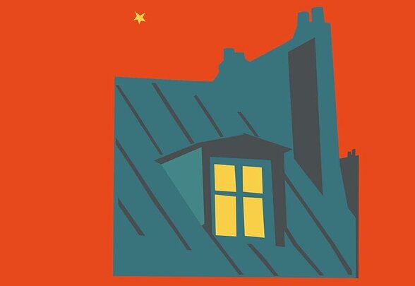 Affiche : toits parisiens stylisés en bleu-vert, lucarne éclairée de jaune et étoile dorée sur fond orange vif - Agrandir l'image, fenêtre modale