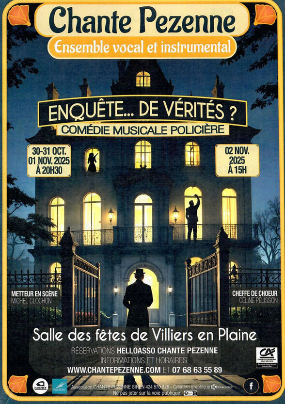 Affiche du spectacle : représentations les 30-31 oct. et 1er nov. 2025 à 20h30, le 2 nov. 2025 à 15h – salle des fêtes de Villiers-en-Plaine - Agrandir l'image, fenêtre modale