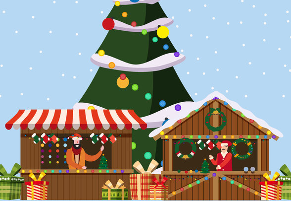 Christmas souvenirs market stalls with decorations and gifts. Big Christmas tree Xmas shops with garlands decorations. Christmas wooden gift shop kiosks vector illustration isolated - Agrandir l'image, fenêtre modale
