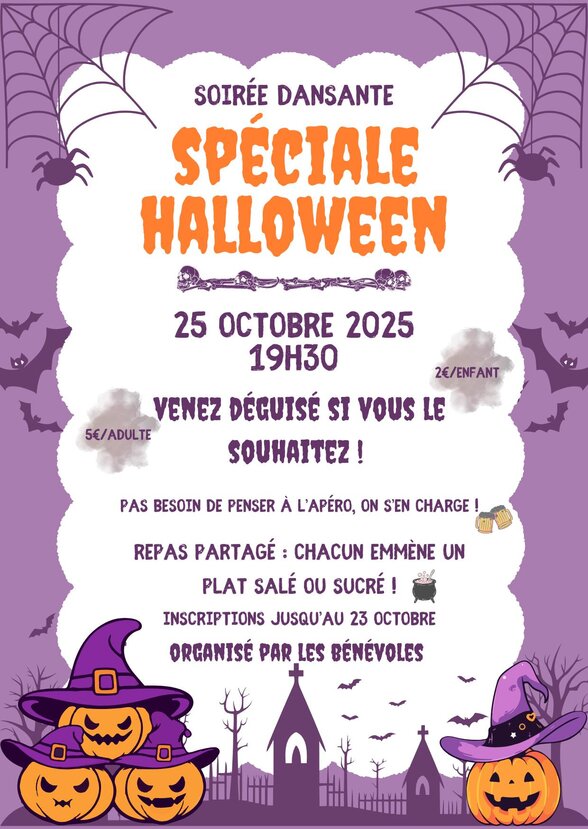 Affiche de la soirée Halloween du 25 octobre 2025, inscriptions ouvertes jusqu'au 23 octobre - Agrandir l'image, fenêtre modale