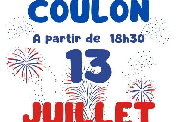Affiche du 13 Juillet à Coulon : bal populaire, feu d'artifice et animations à partir de 18h30, buvette sur place - Agrandir l'image, fenêtre modale