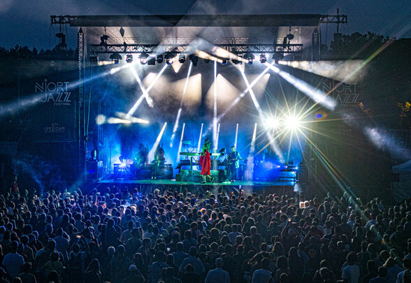 Grande scène illuminée de faisceaux bleus, artiste en tenue rouge face à une foule nombreuse lors d'un concert en plein air - Agrandir l'image, fenêtre modale