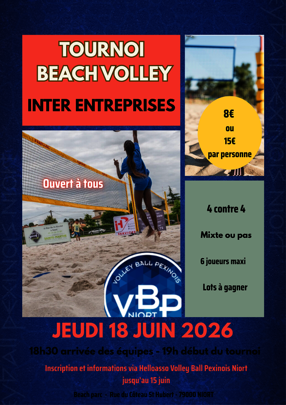 Affiche VBP Niort : participation 8 € ou 15 € par personne, lots à gagner, inscriptions via Helloasso avant le 15 juin. - Agrandir l'image, fenêtre modale