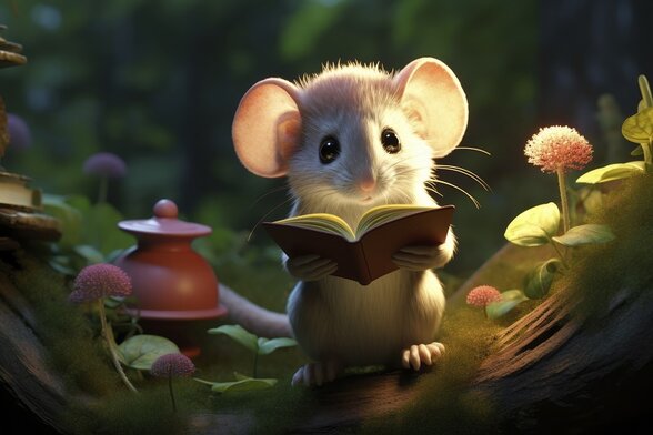 Petite souris animée tenant un livre ouvert dans un décor de forêt enchantée avec fleurs colorées - Agrandir l'image, fenêtre modale