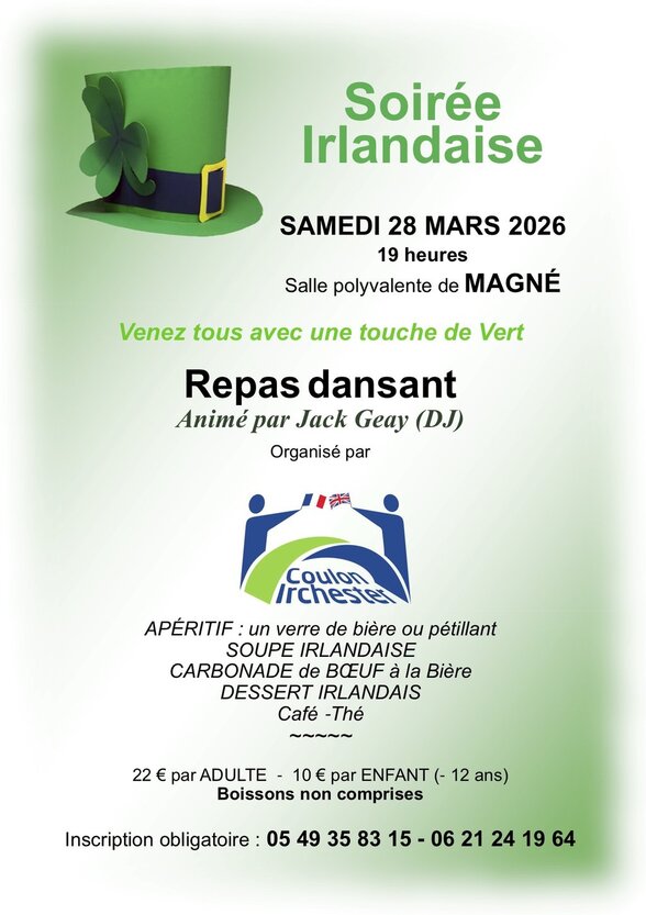 Affiche : repas dansant animé par Jack Geay (DJ), organisé par Coulon Irchester – 22 € adulte, 10 € enfant, inscription obligatoire au 05 49 35 83 15 - Agrandir l'image, fenêtre modale