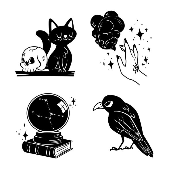 Illustrations ésotériques : chat noir sur crâne, main magique, boule de cristal et corbeau