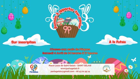 Affiche P'ArtAGElais pour la chasse aux œufs de Pâques, samedi 4 avril de 14h à 17h, Place Louis de Saint-Gelais - Agrandir l'image, fenêtre modale