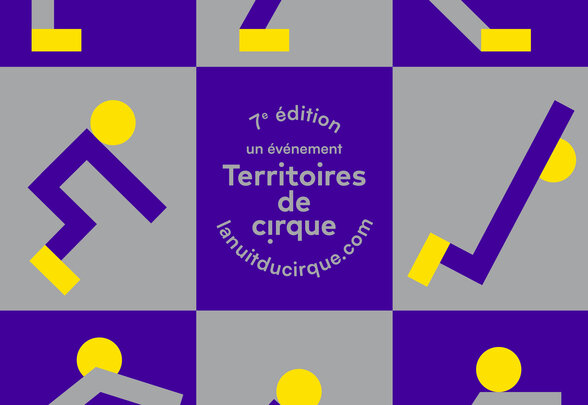 Affiche du 14 au 16 novembre 2025, organisée par Territoires de cirque, pictogrammes acrobatiques en violet et jaune - Agrandir l'image, fenêtre modale