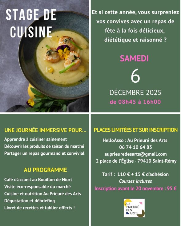 Affiche du stage : velouté aux gambas en photo, tarif 110 € + 15 € d'adhésion, early bird 95 € avant le 20 novembre - Agrandir l'image, fenêtre modale