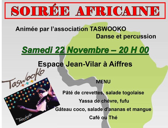 Affiche TASWOOKO : soirée danse et percussion le 22 novembre à 20h, Espace Jean-Vilar à Aiffres - Agrandir l'image, fenêtre modale