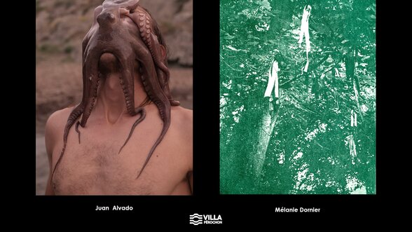Affiche de l'expo : pieuvre posée sur un buste torse nu (Juan Alvado) et silhouettes fantomatiques dans une forêt verte (Mélanie Dornier) - Agrandir l'image, fenêtre modale