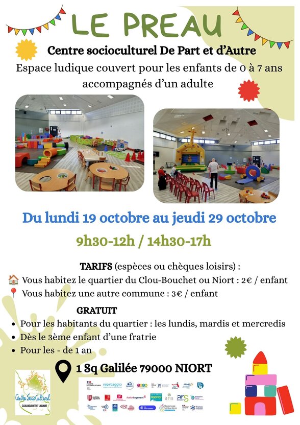 Affiche du Préau – espace ludique couvert pour enfants au Centre socioculturel De Part et d'Autre, Niort